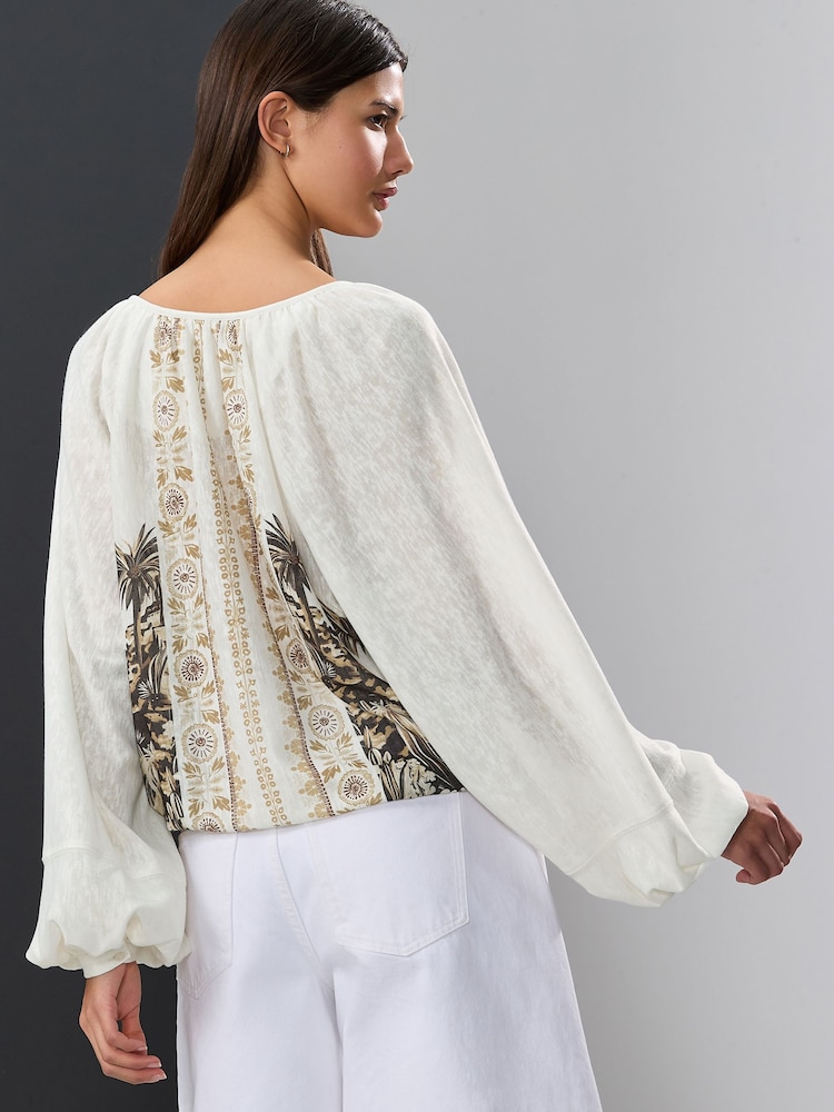Ecru Border Print Long Sleeve Boho Drawstring Blouse - Image 3 of 7