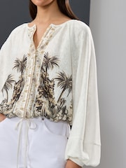 Ecru Border Print Long Sleeve Boho Drawstring Blouse - Image 4 of 7