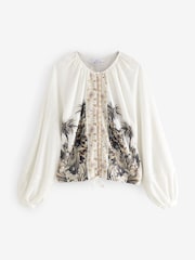 Ecru Border Print Long Sleeve Boho Drawstring Blouse - Image 5 of 7