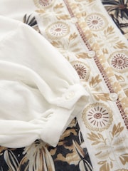 Ecru Border Print Long Sleeve Boho Drawstring Blouse - Image 6 of 7
