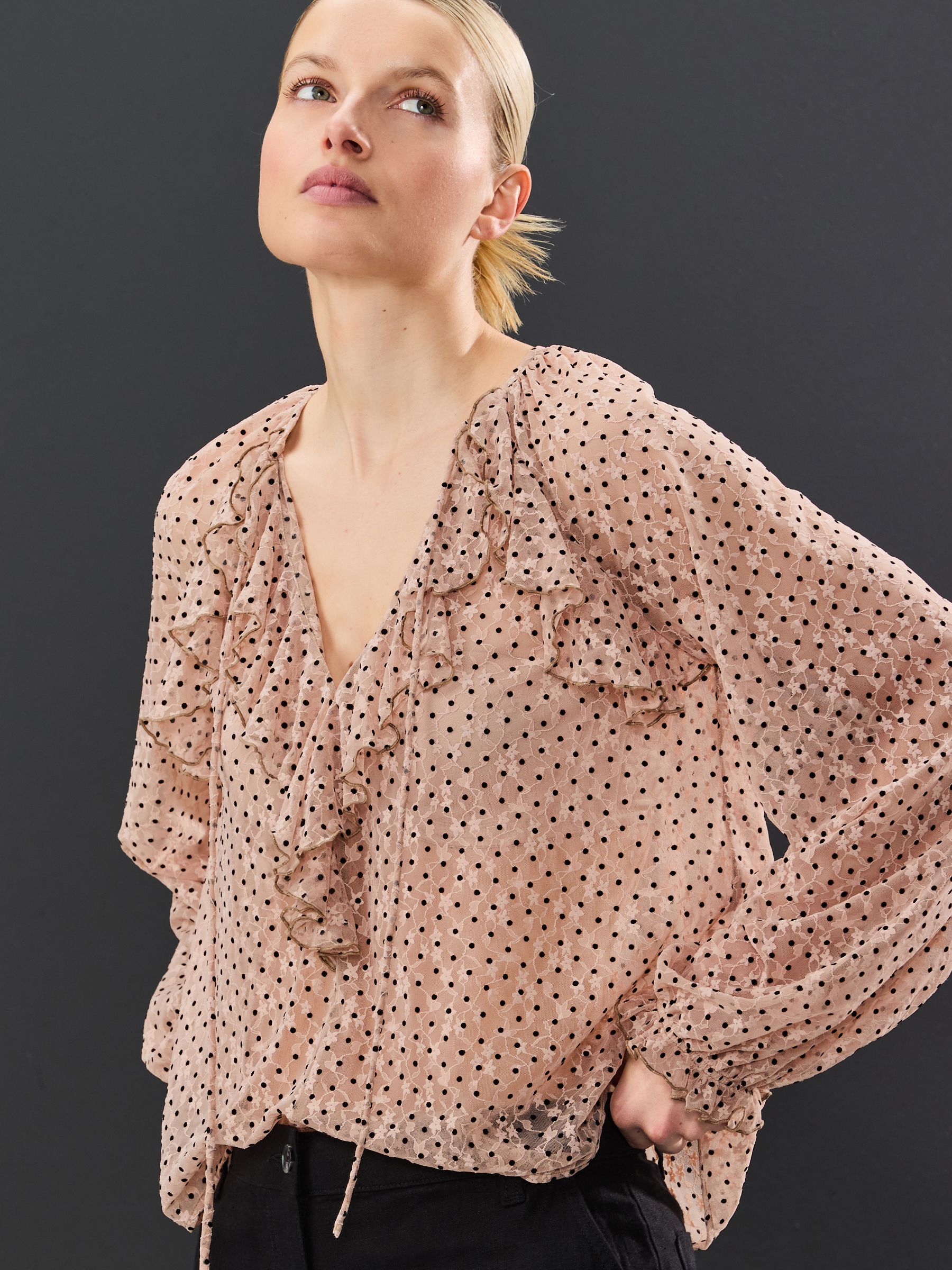 Blush Pink Flocked Spot Mesh Ruffle Blouse