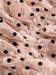 Rosa rubor - Blusa con volantes de malla flocada de lunares - Imagen 6 de 7