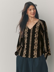 Black/Yellow Print Long Sleeve V-Neck Jersey Blouse - Image 1 of 7