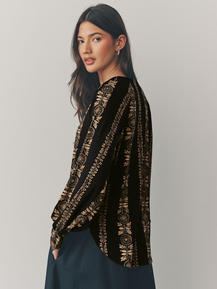 Black/Yellow Print Long Sleeve V-Neck Jersey Blouse - Image 3 of 7