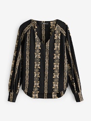 Black/Yellow Print Long Sleeve V-Neck Jersey Blouse - Image 5 of 7