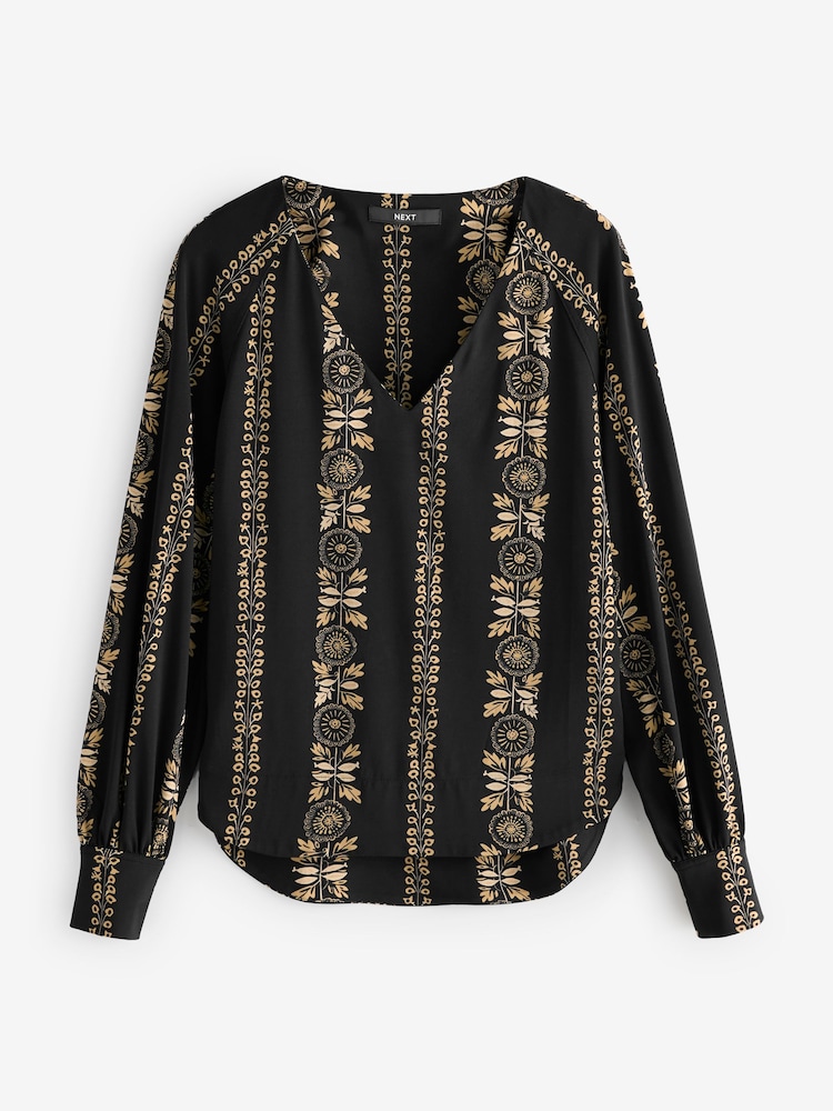 Black/Yellow Print Long Sleeve V-Neck Jersey Blouse - Image 5 of 7