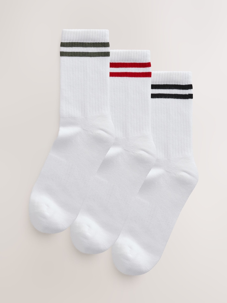 White/Navy Cushion Sole Ribbed Sport Ankle Socks 3 Pack With Arch Support - Image 1 of 5