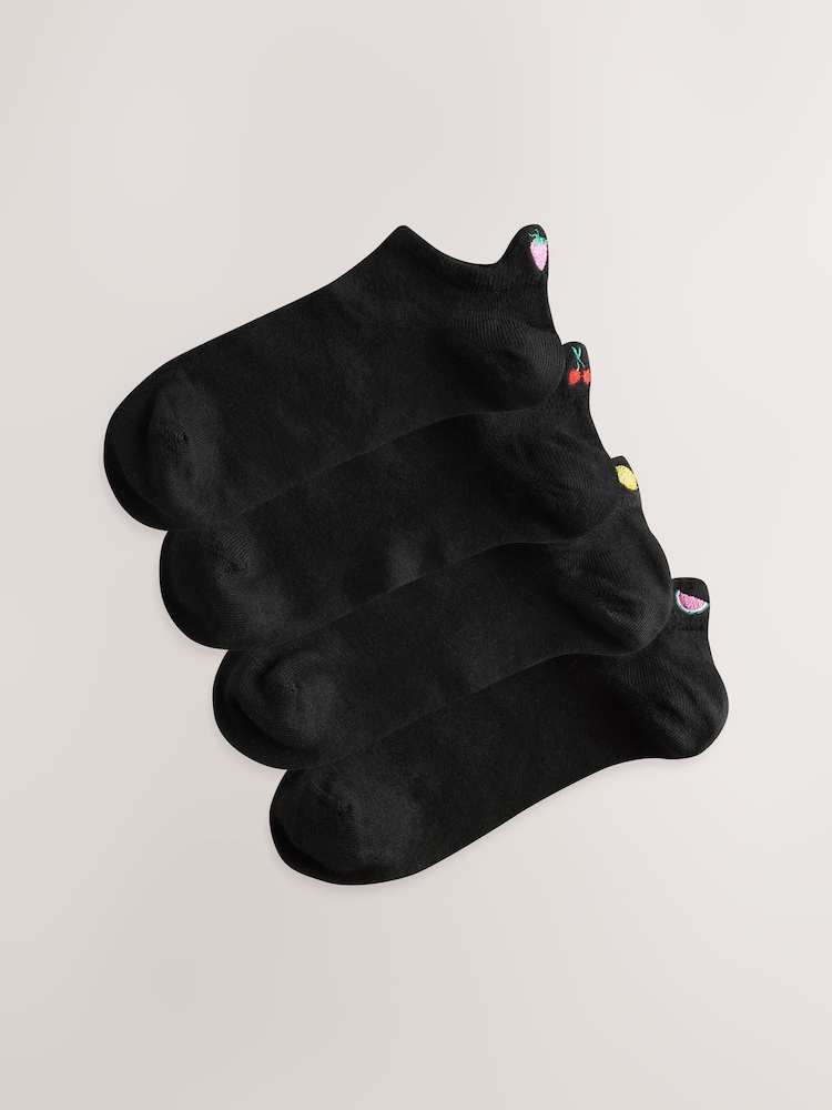 Black/Fruit Embroidered Motif Trainer Socks 4 Pack - Image 1 of 5