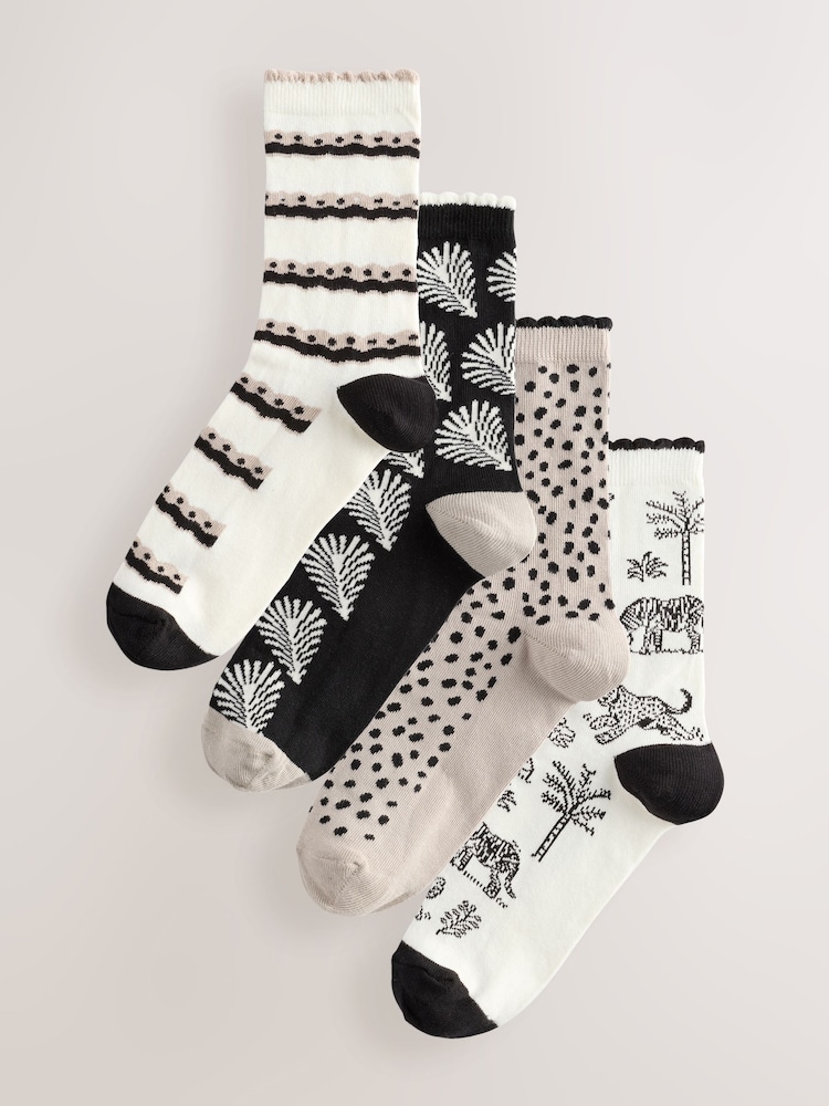 Black/White Safari Ankle Sock 4 Pack - Image 1 of 7