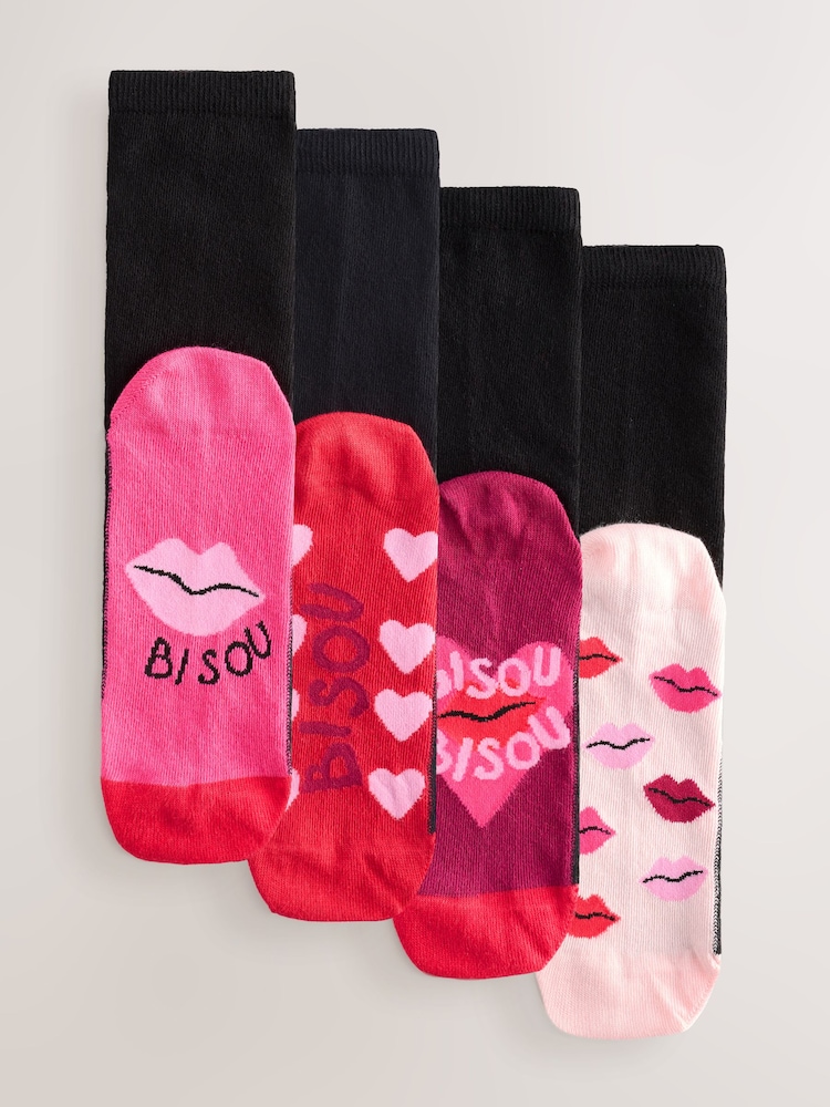 Bisou Slogan Footbed Ankle Socks 4 Pack - Image 1 of 6