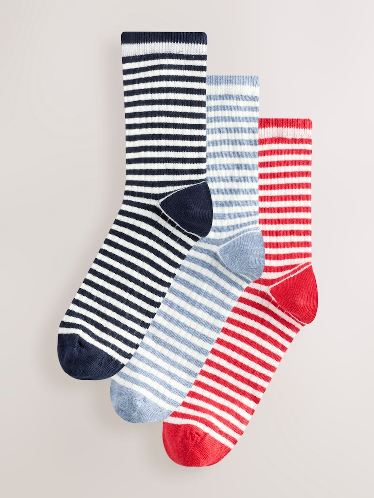White/Navy/Red Mock Rib Ankle Socks 3 Pack - Image 1 of 6