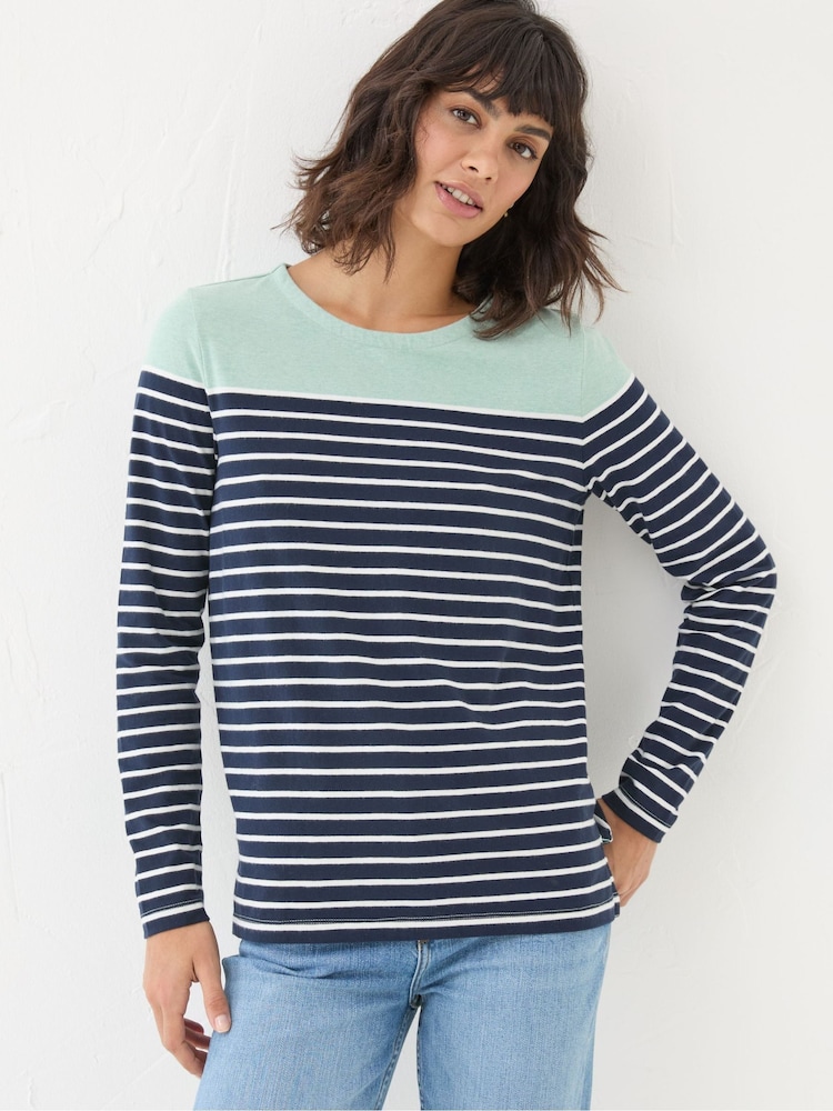 FatFace Bex Blue Stripe Button Back Top - Image 1 of 4