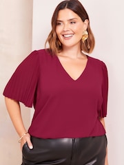 Friends Like These Burgundy Red Curve Short Sleeve Pleated Top - Image 1 of 4