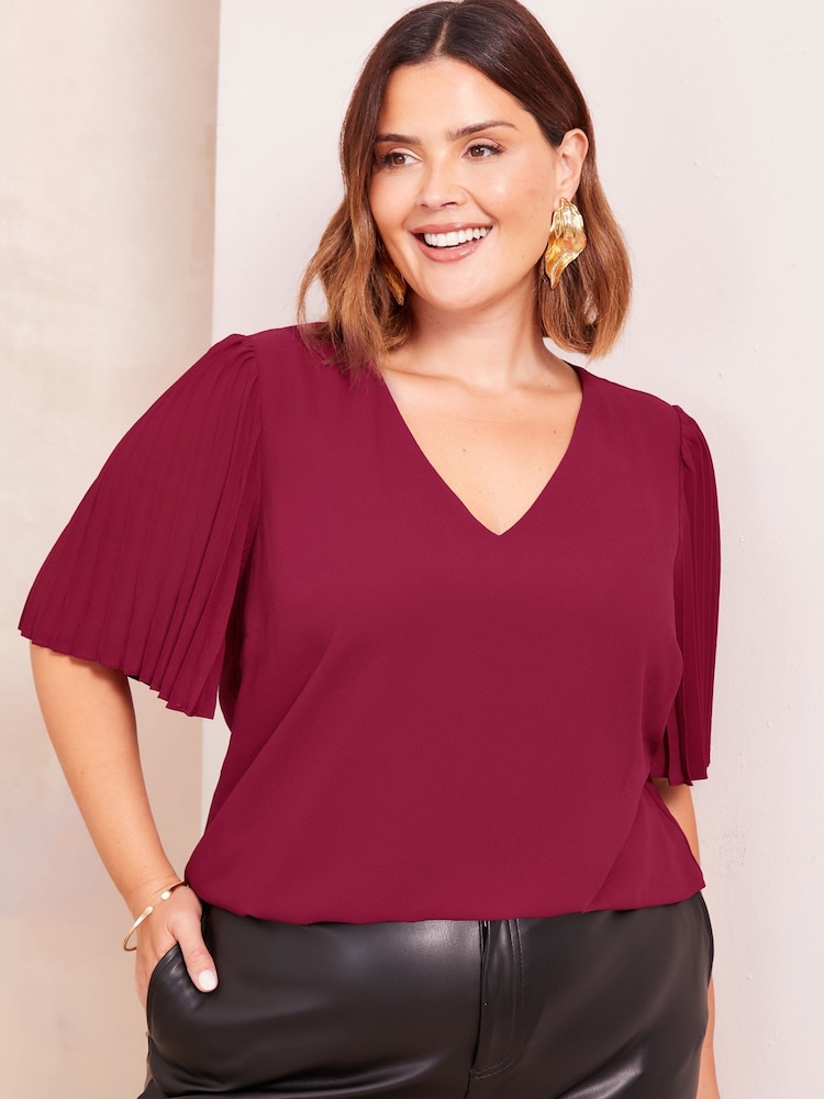 Friends Like These Burgundy Red Curve Short Sleeve Pleated Top - Image 1 of 4 Friends Like These Burgundy Red Curve Short Sleeve Pleated Top - Image 1 of 4