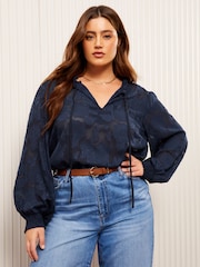 Friends Like These Navy Curves Long Sleeves Jacqaurd Tie Neck Blouse - Image 1 of 5