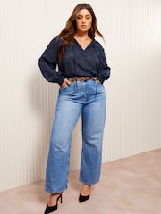 Friends Like These Navy Curves Long Sleeves Jacqaurd Tie Neck Blouse - Image 2 of 5
