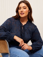 Friends Like These Navy Curves Long Sleeves Jacqaurd Tie Neck Blouse - Image 3 of 5