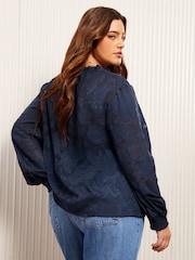 Friends Like These Navy Curves Long Sleeves Jacqaurd Tie Neck Blouse - Image 4 of 5