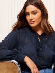 Friends Like These Navy Curves Long Sleeves Jacqaurd Tie Neck Blouse - Image 5 of 5