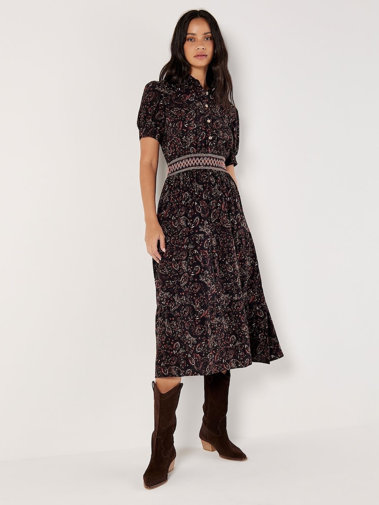 Apricot Black Paisley Shirt Midi Dress - Image 1 of 4