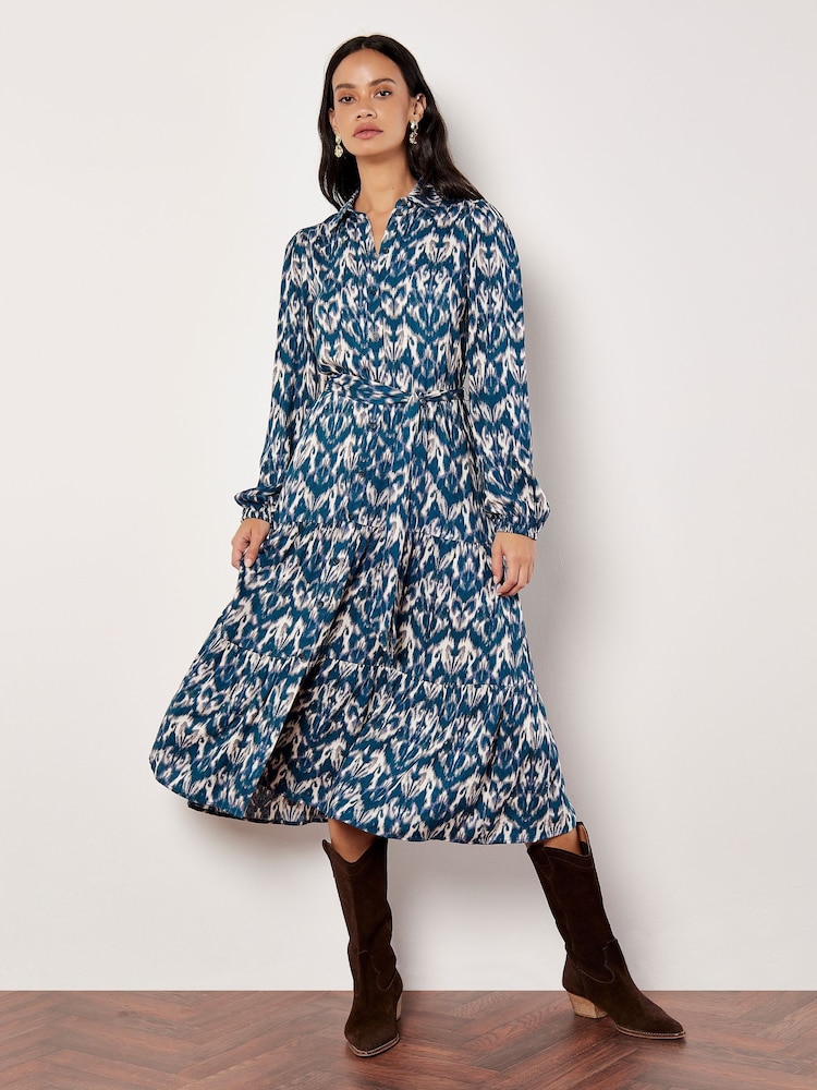 Apricot Blue Ikat Tiered Button Shirt Dress - Image 1 of 5