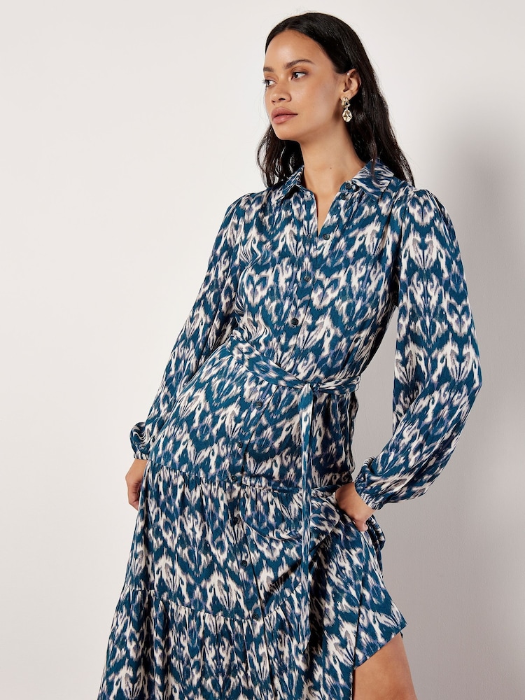 Apricot Blue Ikat Tiered Button Shirt Dress - Image 2 of 5