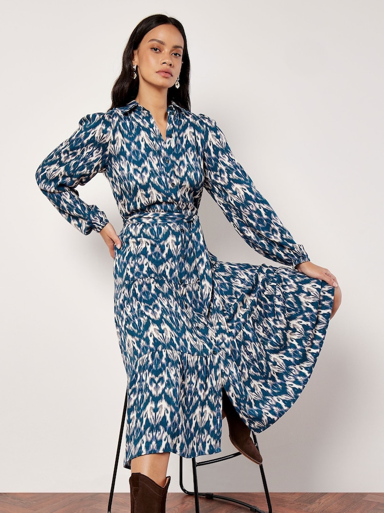 Apricot Blue Ikat Tiered Button Shirt Dress - Image 5 of 5