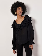 Apricot Black Ruffle Collar Blouse - Image 5 of 5
