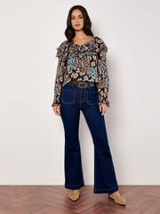 Apricot Blue Patchwork Floral Print Ruffle Blouse - Image 2 of 5
