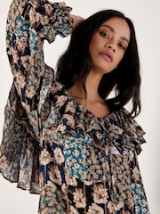 Apricot Blue Patchwork Floral Print Ruffle Blouse - Image 3 of 5