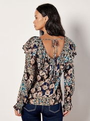 Apricot Blue Patchwork Floral Print Ruffle Blouse - Image 5 of 5