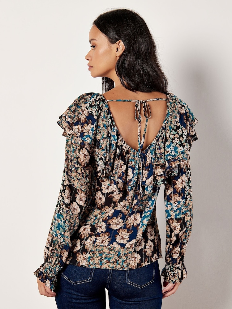 Apricot Blue Patchwork Floral Print Ruffle Blouse - Image 5 of 5