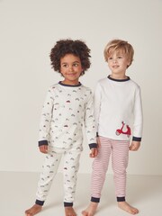 The White Company Slim Fit Organic Cotton Cars And Stripe White Pyjamas Set Of 2 - Image 1 of 6
