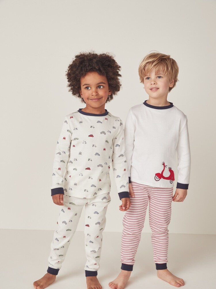 The White Company Slim Fit Organic Cotton Cars And Stripe White Pyjamas Set Of 2 - Image 1 of 6