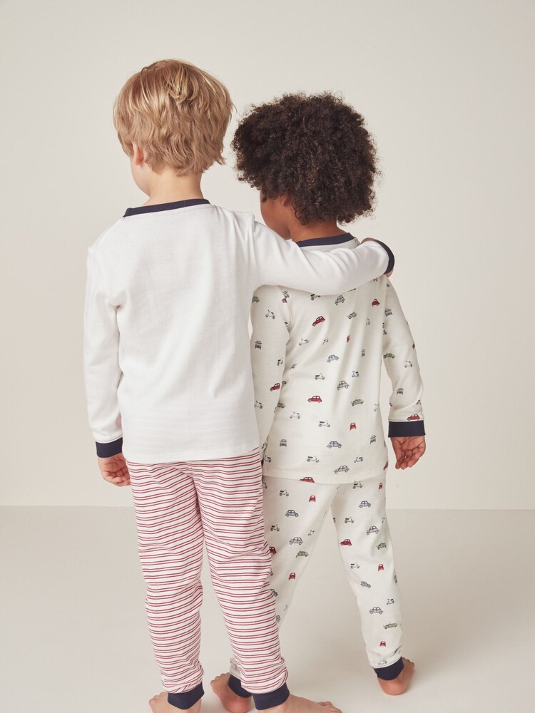 The White Company Slim Fit Organic Cotton Cars And Stripe White Pyjamas Set Of 2 - Image 2 of 6