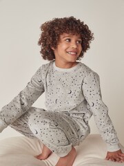 The White Company Prelaxed Fit Grey Organic Cotton Velour Moon & Star Pyjamas - Image 1 of 6