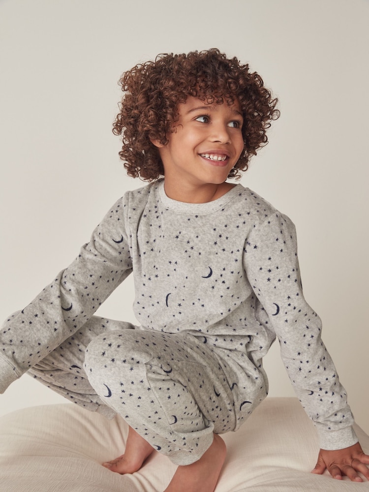 The White Company Prelaxed Fit Grey Organic Cotton Velour Moon & Star Pyjamas - Image 1 of 6