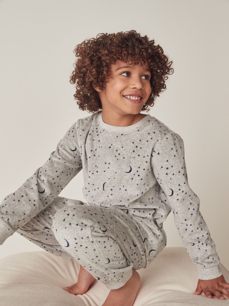 The White Company Prelaxed Fit Grey Organic Cotton Velour Moon & Star Pyjamas - Image 1 of 6 The White Company Prelaxed Fit Grey Organic Cotton Velour Moon & Star Pyjamas - Image 1 of 6