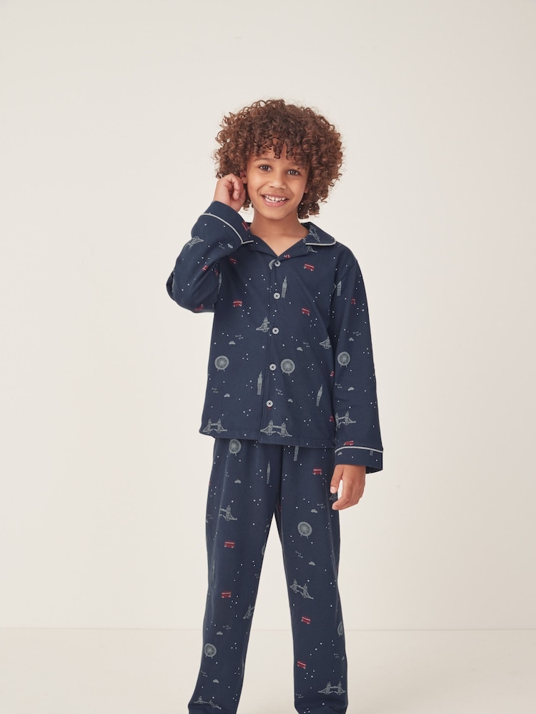 The White Company Relaxed Fit Blue Organic Cotton London Button Through Pyjamas - Image 1 of 5