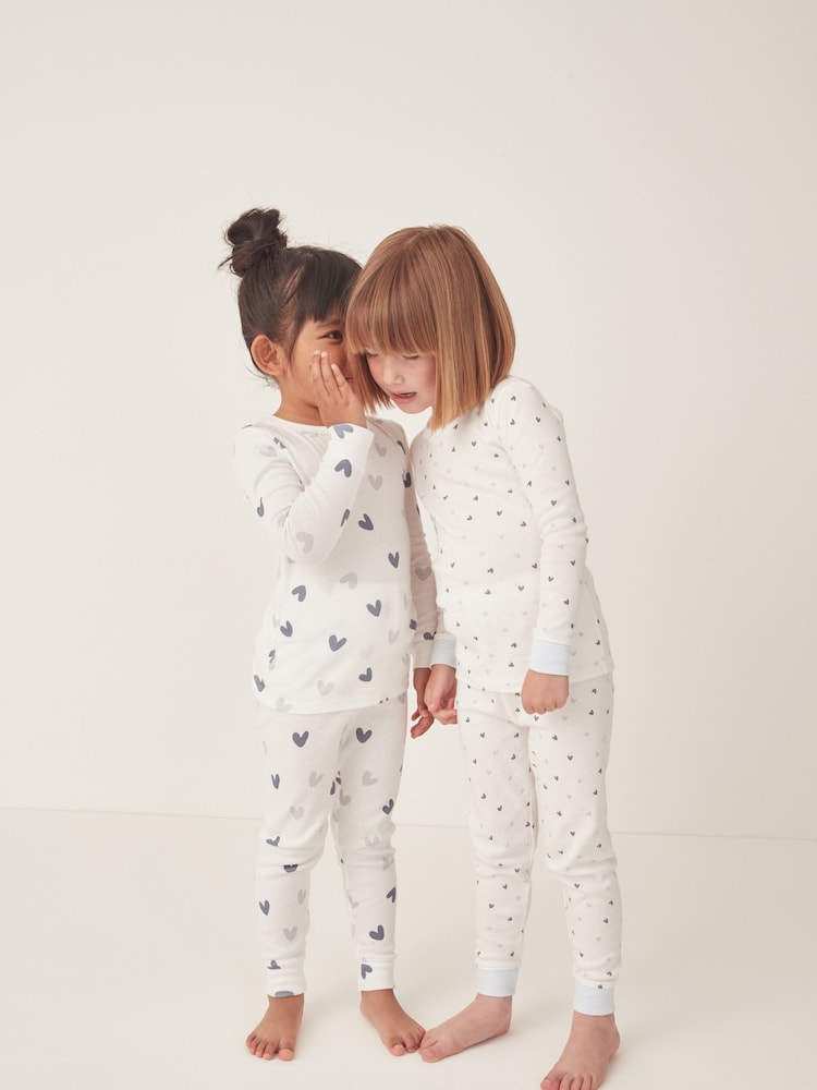 The White Company Skinny Fit Blue Organic Cotton Big And Little Heart Pyjamas Set Of 2 - Image 1 of 6
