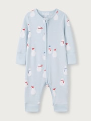 The White Company Blue Organic Cotton Snowman Zip Sleepsuit - Image 1 of 5