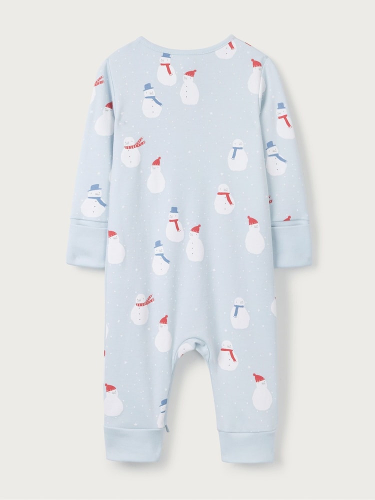 The White Company Blue Organic Cotton Snowman Zip Sleepsuit - Image 2 of 5