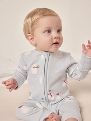 The White Company Blue Organic Cotton Snowman Zip Sleepsuit - Image 4 of 5