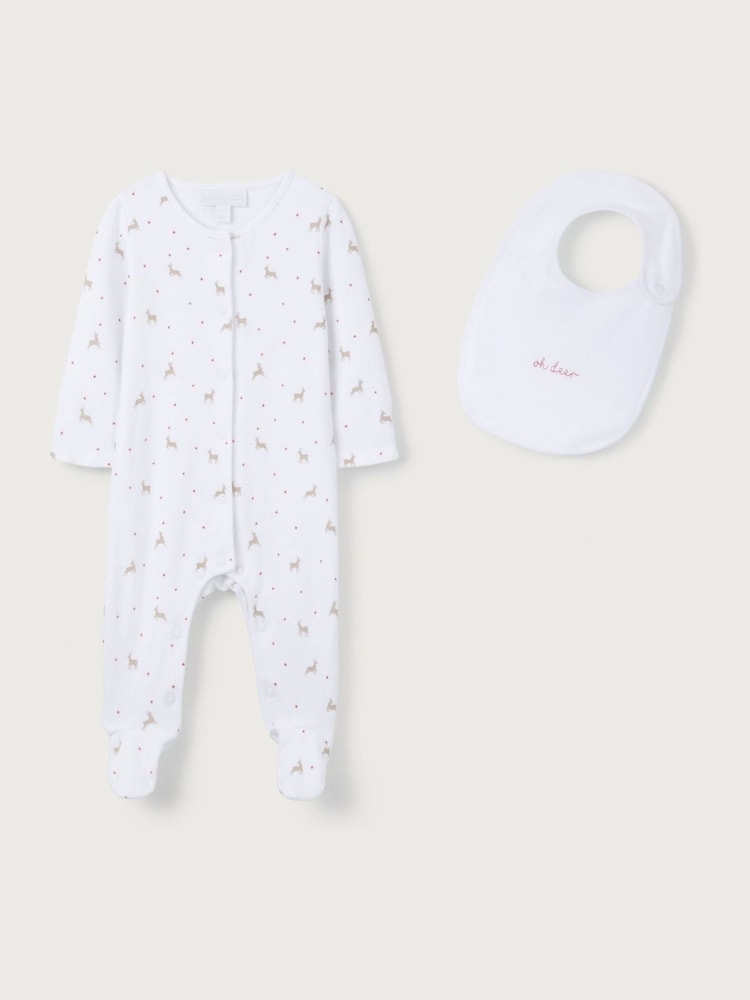 The White Company Cotton Reindeer And Star White Sleepsuit And Bib Set - Image 1 of 5