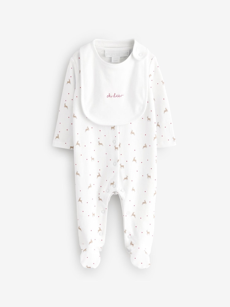 The White Company Cotton Reindeer And Star White Sleepsuit And Bib Set - Image 5 of 5