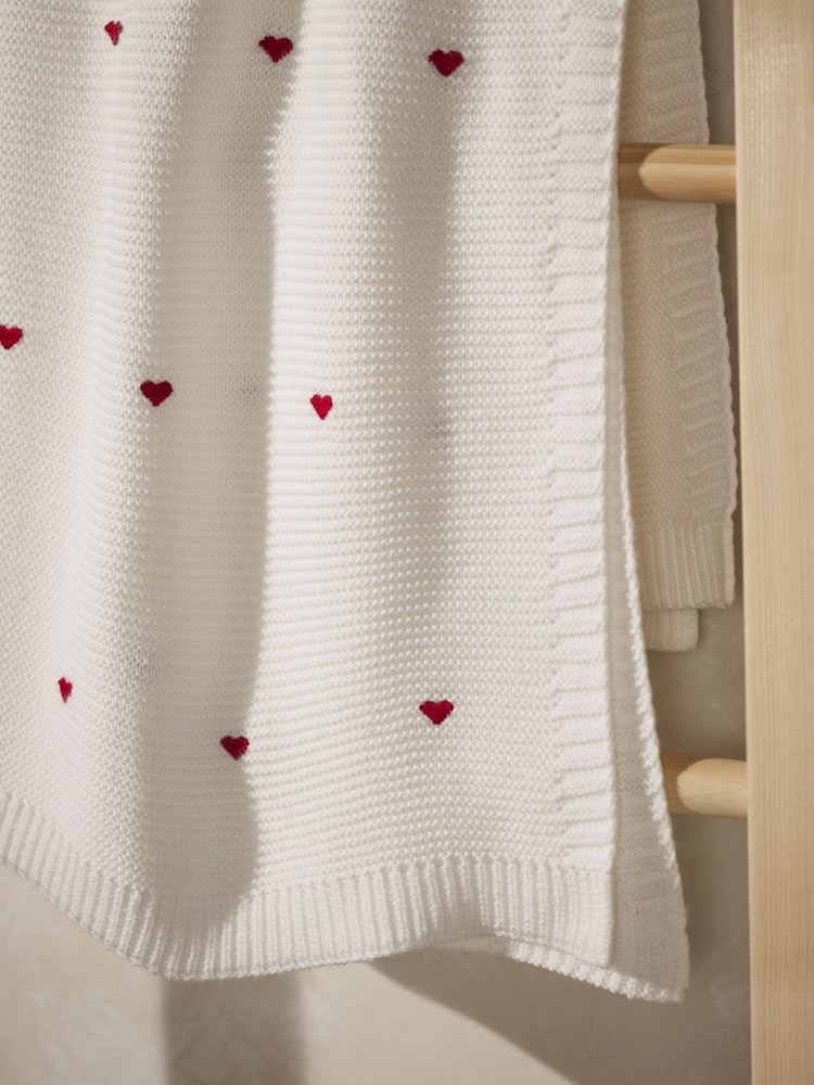 The White Company Red Cotton Heart Embroidered Blanket - Image 2 of 2