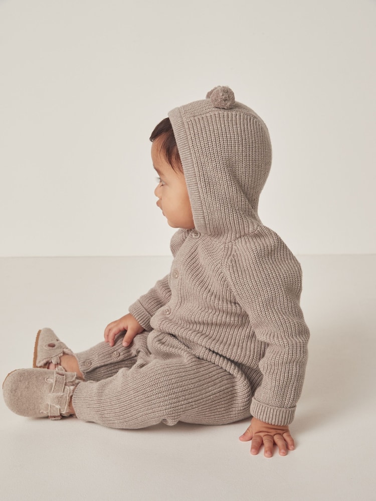 The White Company Organic Cotton Bear Knitted Brown Romper - Image 1 of 6