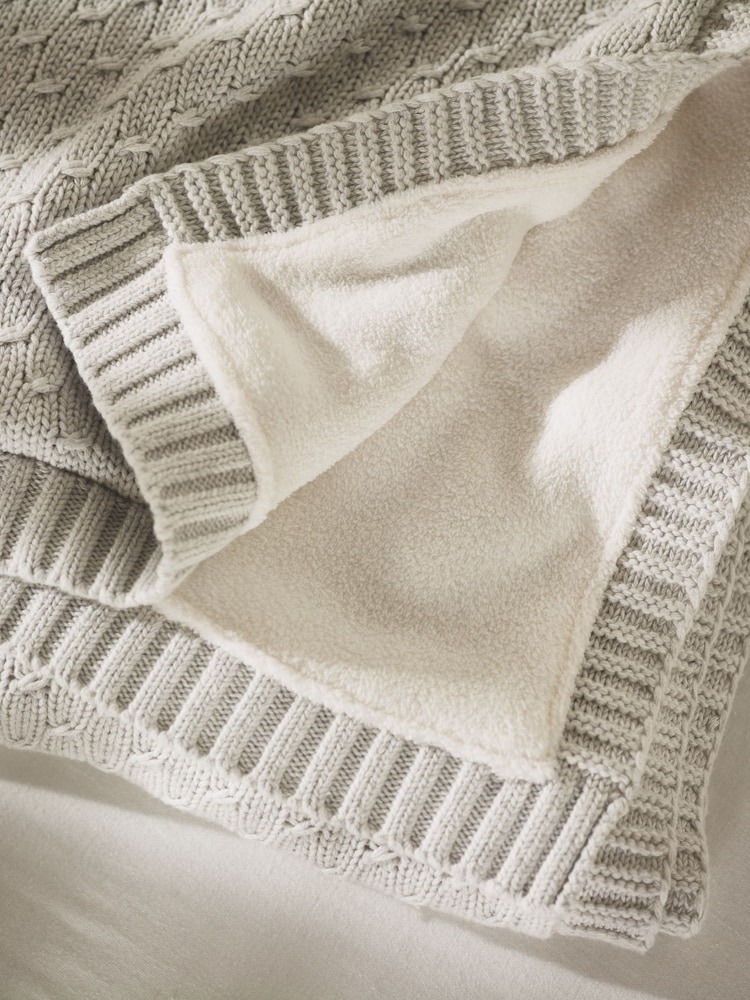 The White Company Grey Organic Cotton Knitted Fleece Lined Blanket - Image 2 of 4