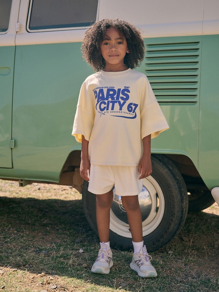 Ecru/Yellow Stripe Slogan 100% Cotton T-Shirt And Short Set (3-16yrs) - Image 1 of 8