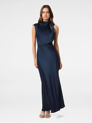 Forever New Blue Sienna High Neck Satin Maxi Dress - Image 1 of 4